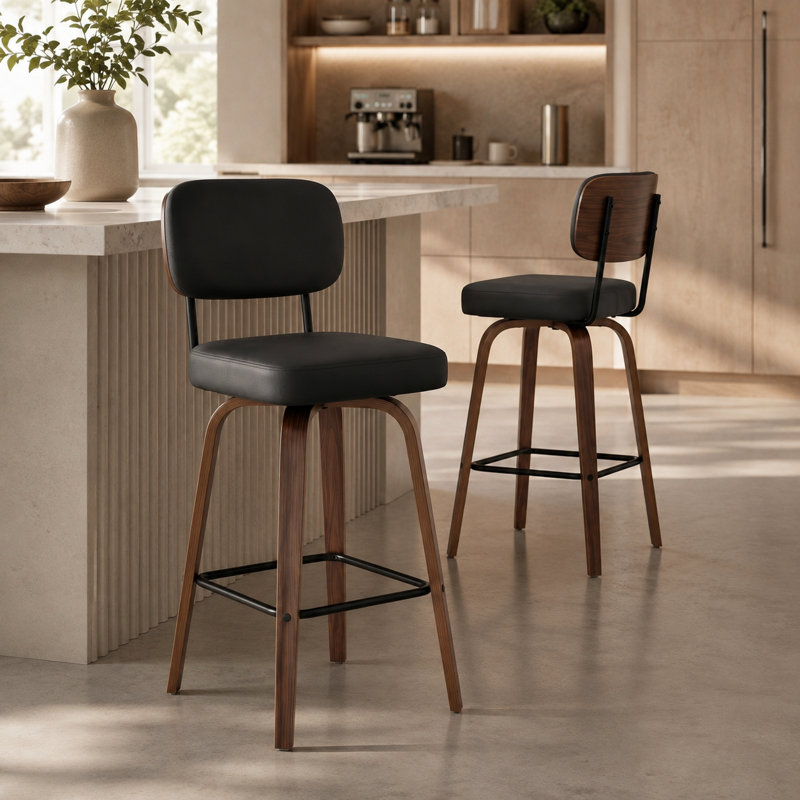 Tabouret de bar pivotant rembourré Hesson, hauteur du siège 29,5 po, structure en bois (ensemble de 2), Noir