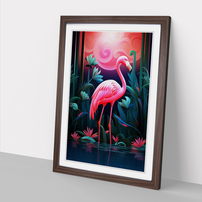 Flamingo Art Deco No.2 - Single Picture Frame Print on Wood, 34cm H x 25cm W x 2cm D, Walnut