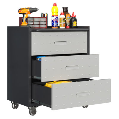 Heavy-Duty 3 Drawer Metal Storage Cabinet On Wheels - For Garage, Office, Home Use. Black/Gray Color. 29.38"W X 16.87"D 35.51"H. Steel. 360 Rotating & Lockable Wheels. Spacious Drawers. Coating.