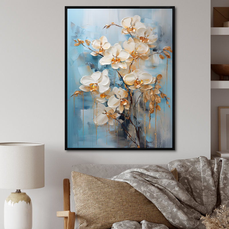 Orchidées beiges et dorées Simplicity VII, Cadre flottant noir, H 32 po x l 24 po x P 1 po