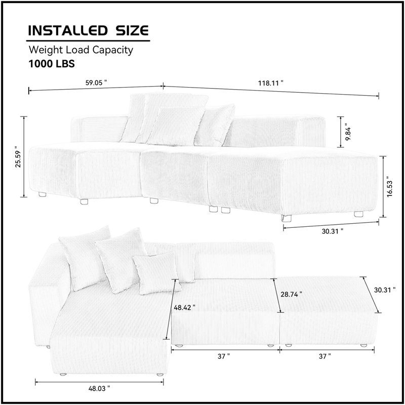 Canapé en tissu d'ameublement Corduroy, H 25,03 po x l 116,83 po x P 57,67 po, Velours côtelé gris