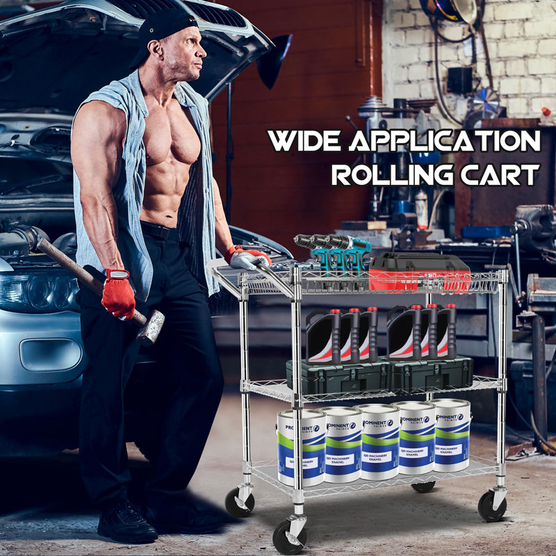 3 Tier Heavy Duty Metal Cart, Bright Silver