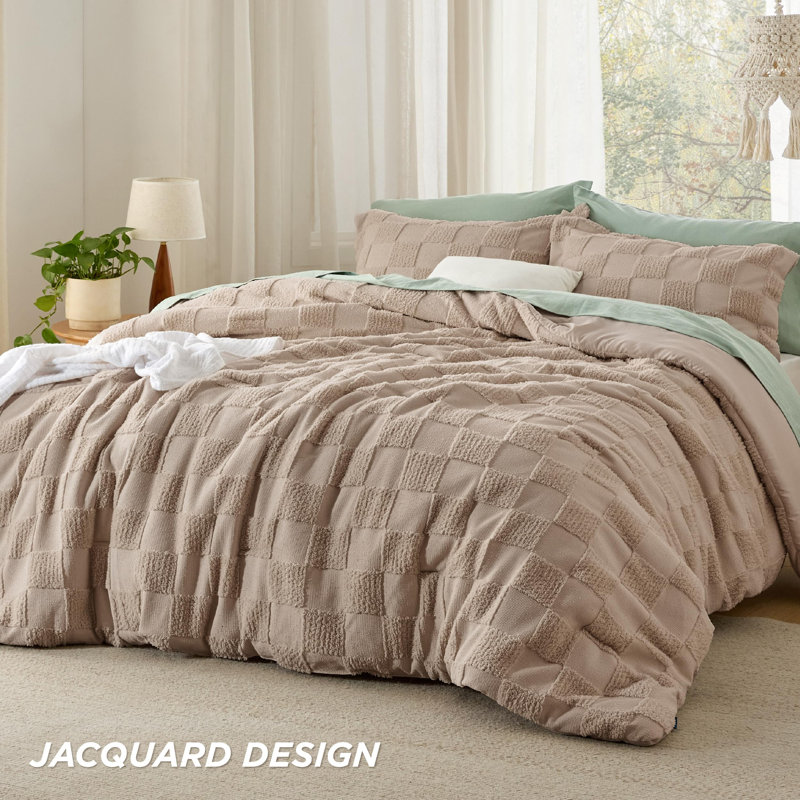 Ensemble d'édredon pour lit ferme à carreaux touffeté Boho, 230GSM, Édredon pour très grand lit + 2 taies décorativ, Kaki