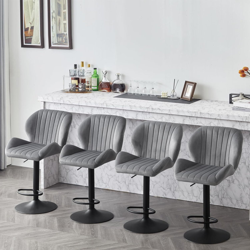 Walla Swivel Upholstered Velvet Adjustable Height Bar Stool, Dark Grey
