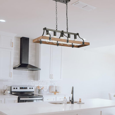 Rustic Farmhouse Chandelier With Wood And Metal Design, 5-Light Linear Ceiling Fixture For Dining Room And Kitchen Island