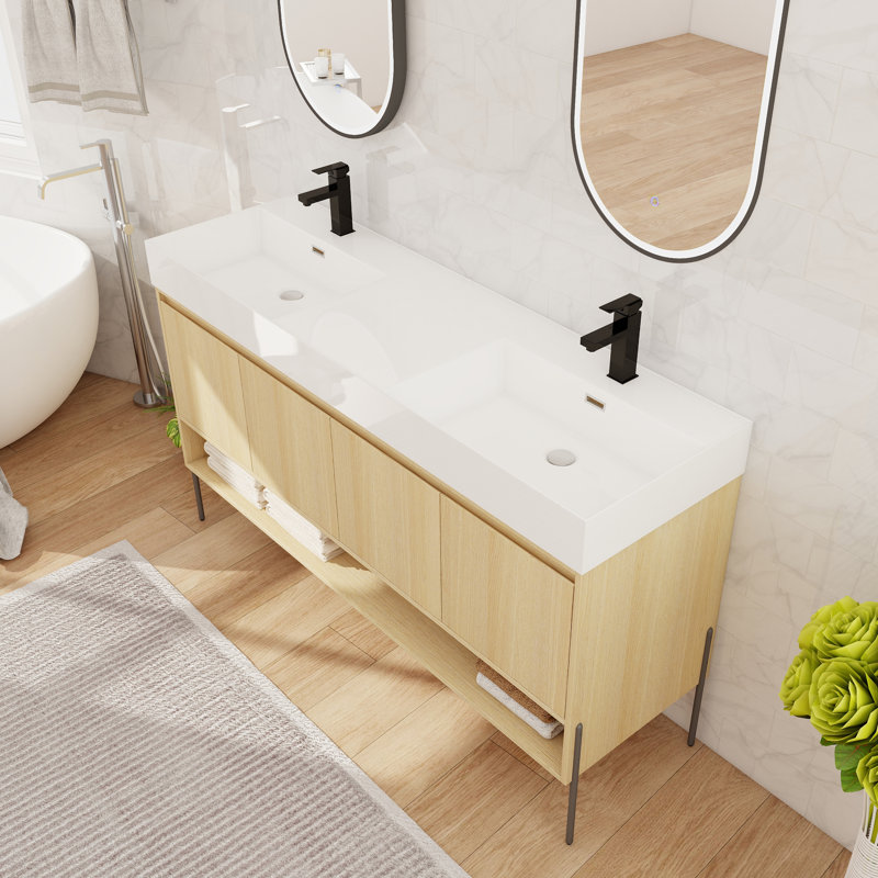 Ensemble de meuble-lavabo double 60 po, meuble-lavabo sur pied avec lavabo en résine, 4 portes et 1 tablette, 60" W