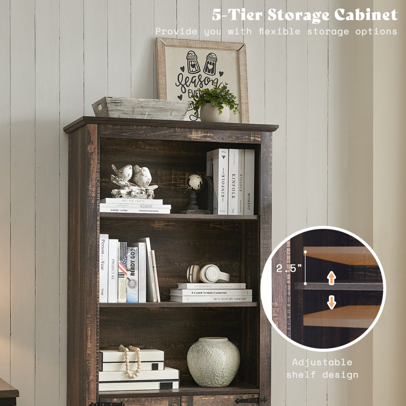 Chimira Farmhouse 69.8" H x 31.4" W 5 Tier Bookshelf with Adjustable Shelves & Barn Door, Black, Black