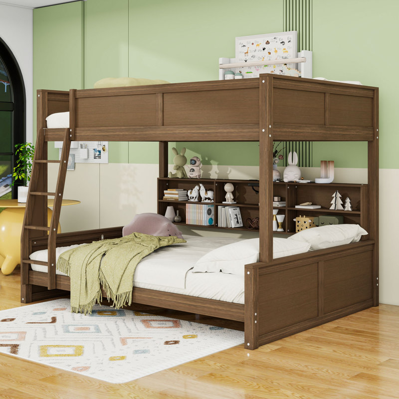 Lit superposé avec armoires et ports USB, Full XL Over Queen, Bois antique