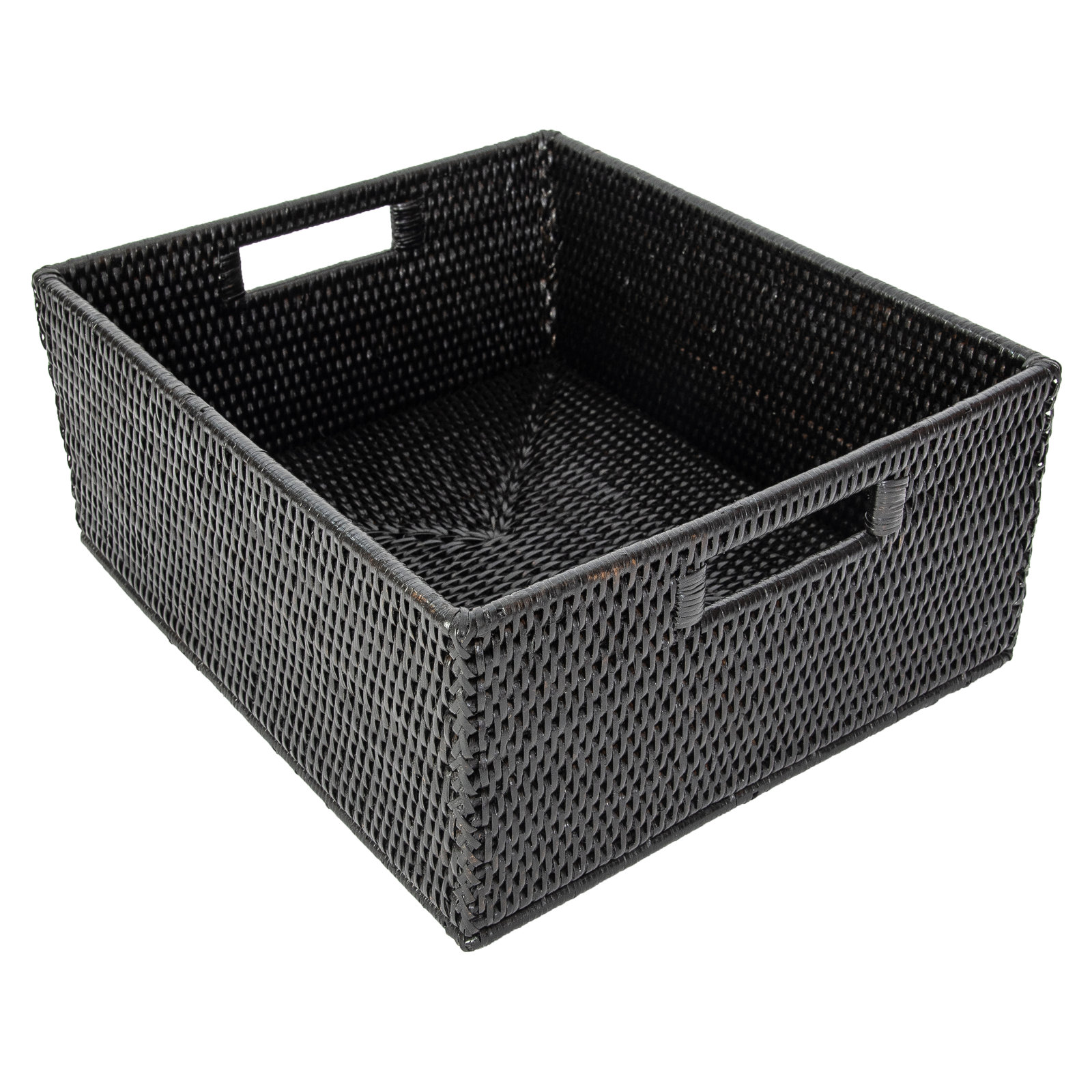 Rattan Rectangular Basket with Cutout Handles, 6" H x 14 " W x 12" D, Tudor Black