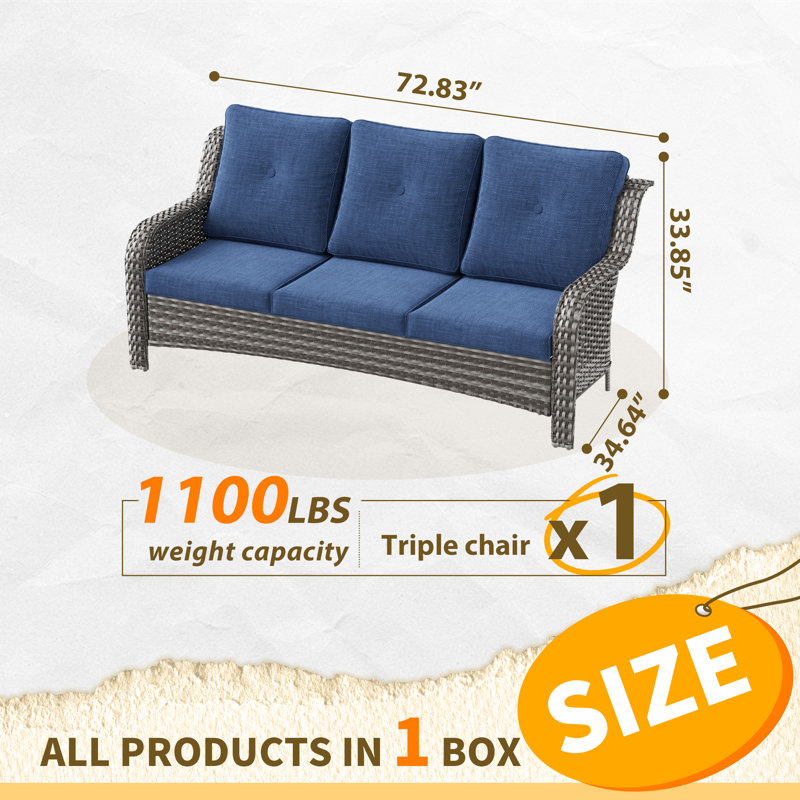 3-Person Outdoor Sofa With Cushions, Blue, Brown
