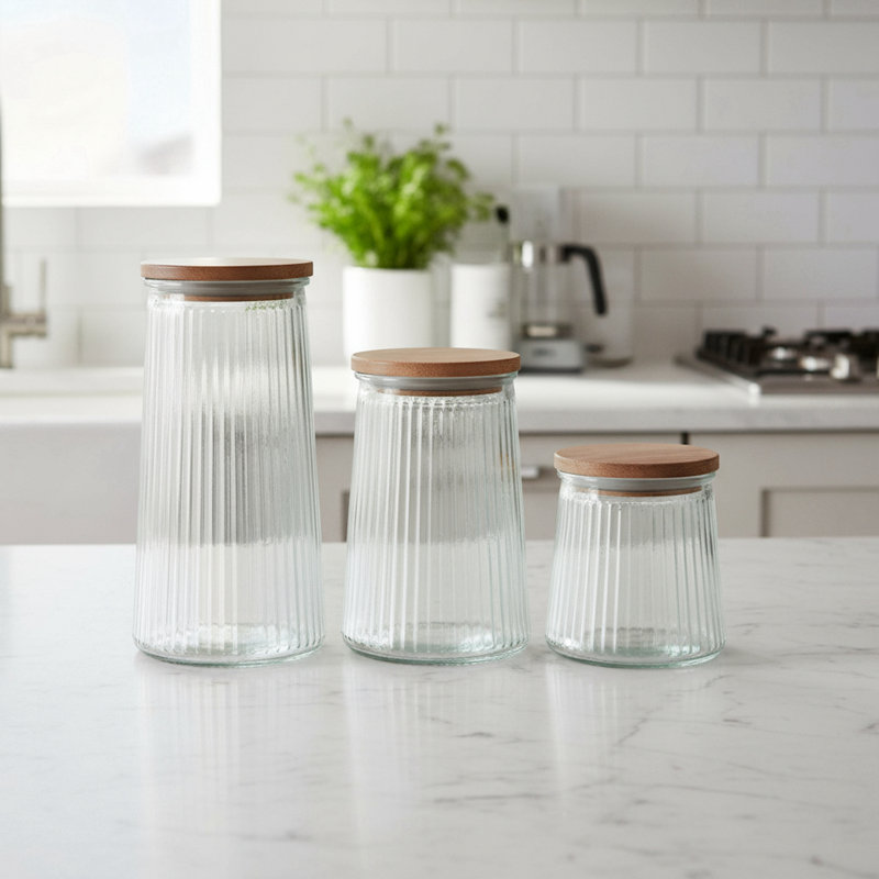 Ensemble de 3 pots en verre avec couvercles en bois - 20,3 oz, 33,8 oz et 45,7 oz