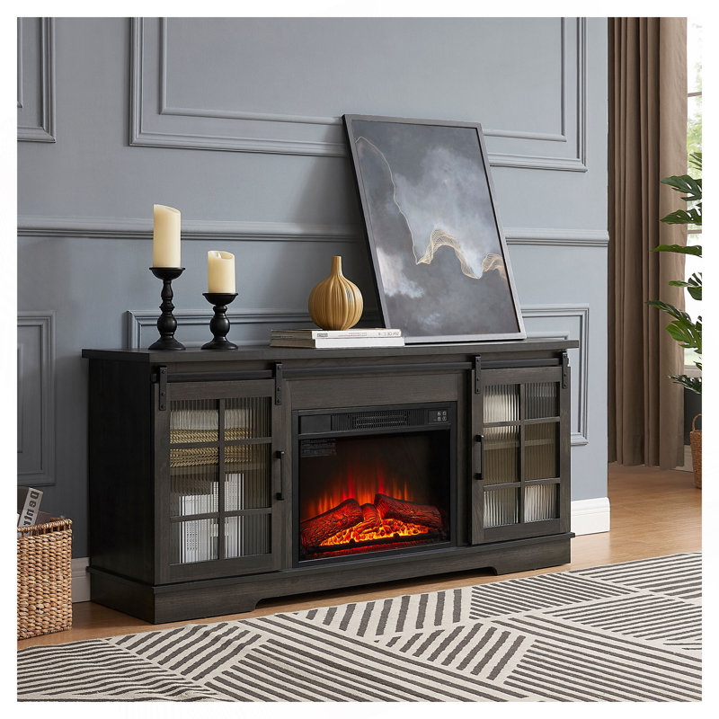 Multipurpose Sliding Door TV Cabinet Large Storage Cabinet with Glass Doors, Charcoal Gray, Yes