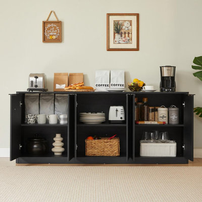 Buffet 67 pouces en bois avec un design incurvé ondulé et 6 portes noires pour le salon et la cuisine