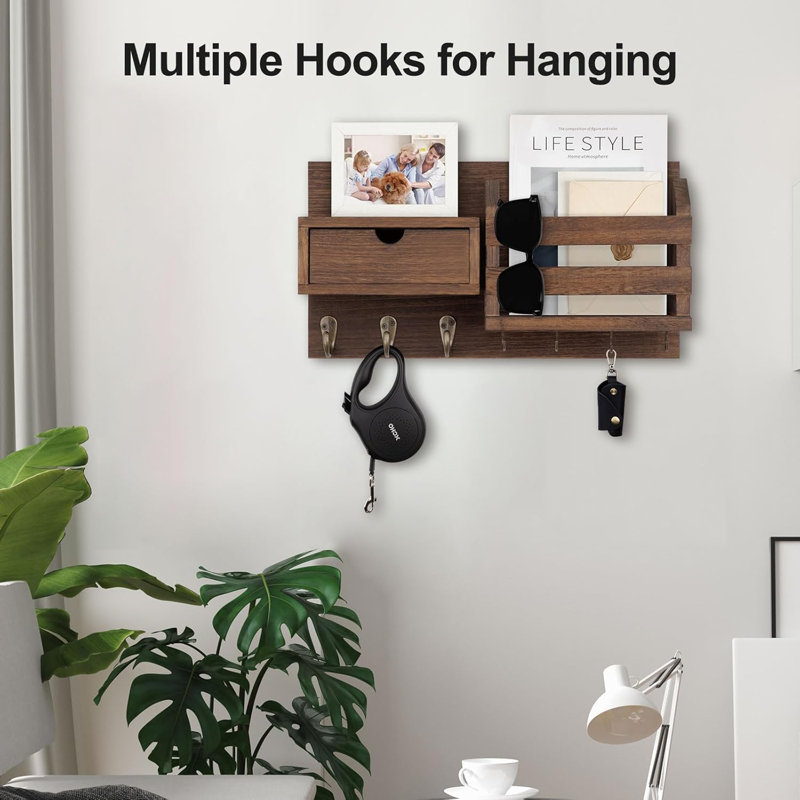 Paulownia Wood Wall Mount Key & Mail Organizer - 7 Metal Hooks, Entryway Decor with Storage Drawer