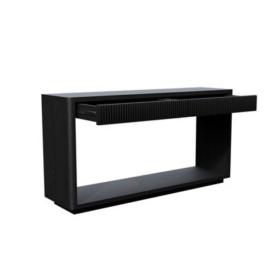 60" Modern 2Drawer Fluted Console Table Natural Wood Veneer Sofa Table Behind Couch Table For Living Room, Hallway, Entryway, Home Office, Black