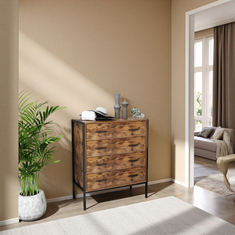Commode à 4 tiroirs de style industriel avec rangement en bois brun rustique et structure en acier robuste