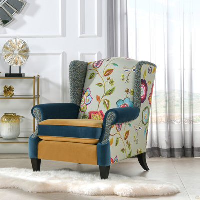 Fauteuil à oreilles à oreilles, velours floral et léopard, bleu sarcelle et jaune-or
