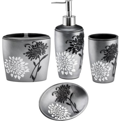 Ensemble d'accessoires de salle de bain 4 pièces Erica, distributeur de savon, gobelet, porte-brosse à dents et porte-plat à savon moderne et classique