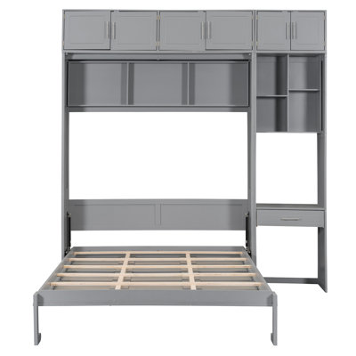 Lit escamotable mural avec bureau, armoire supérieure et tablettes de rangement, lit pliable peu encombrant
