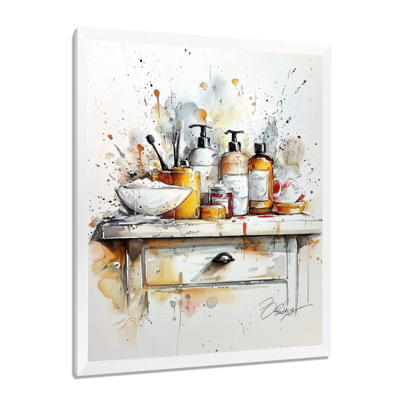Gris et orange, salle de bain, articles de toilette, reproduction d'art mural, H 32 po x l 24 po, Blanc