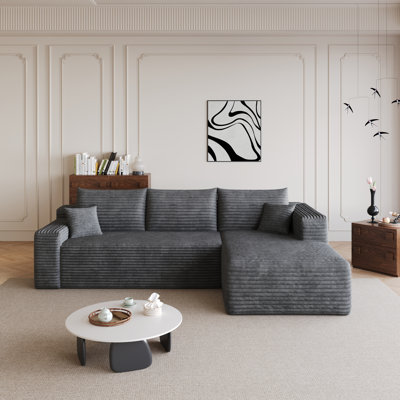 94.1" Dark Grey Corduroy Sectional Sofa, Minimalist Deep Seat L-Shaped Corner Couch with Chaise for Living Room