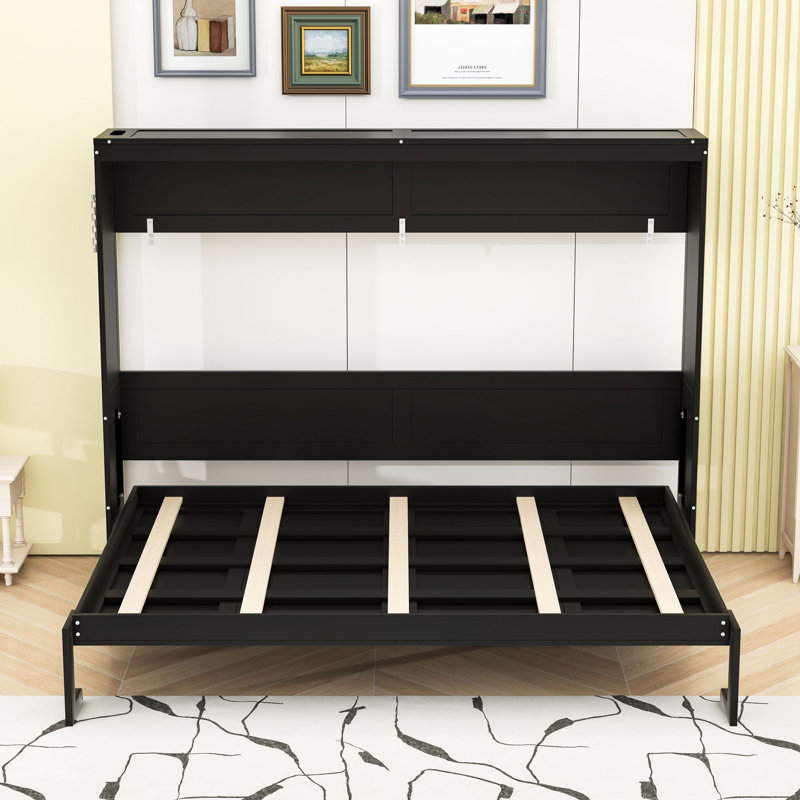 Lit escamotable en bois avec prise USB et lumières, Noir, Grand lit
