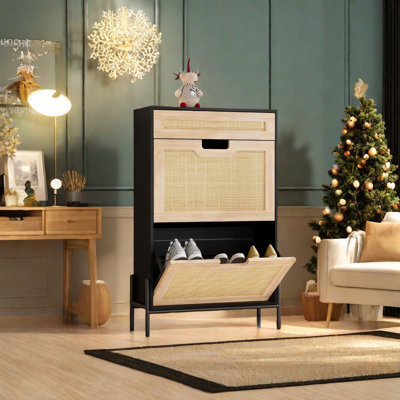 Shoe Cabinet With 2 Flip Door And 1 Drawer, Rattan Shoe Cabinet With Adjustable Shelf And Metal Legs
