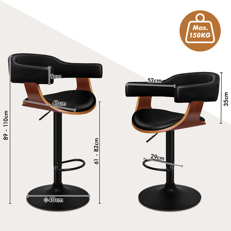 Upholstered Adjustable Height Counter Stool with Solid Wood Frame, Black/Black