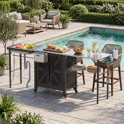 Îlot de cuisine extérieur polaire Aurora avec évier et rangement, table de préparation pour barbecue en acier inoxydable, évier pliable, tables d'appoint extensibles, chariot de barbecue roulant avec roues verrouillables pour le jardin de la cour arrière
