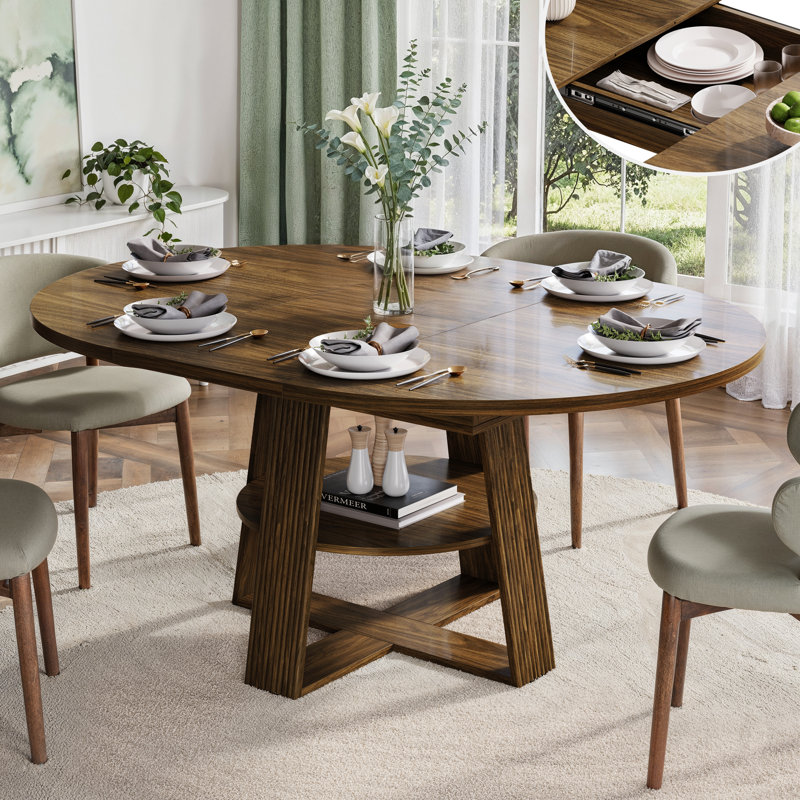 Table de salle à manger extensible cannelée ovale 43 "à 59" avec tablette de rangement, noyer, sièges 4 à 8, Noyer