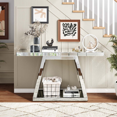 55.9" Modern Luxe Full-Body Mirror Entryway Table With Trapezoid Base