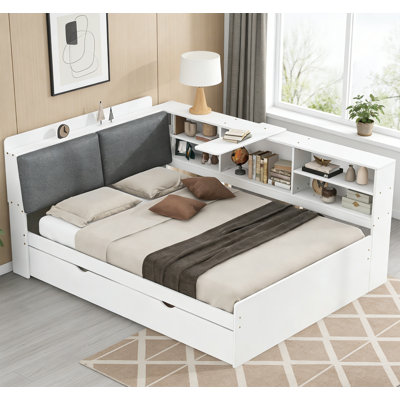  Solid Wood Platform Full Bed with Trundle and Storage Headboard