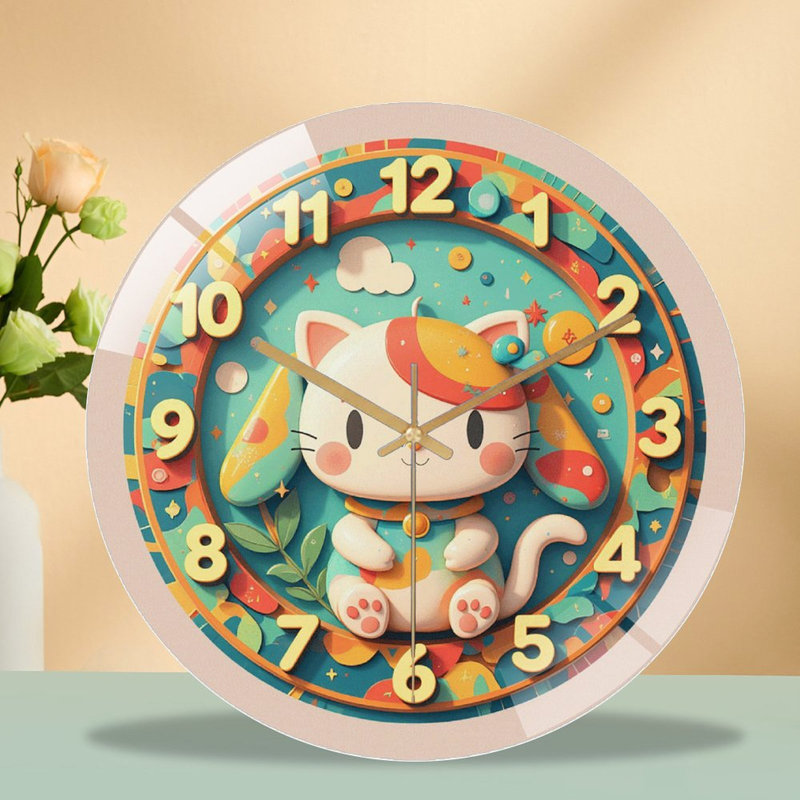 Mignon chat coloré, horloge murale décorative, horloge murale 12 po