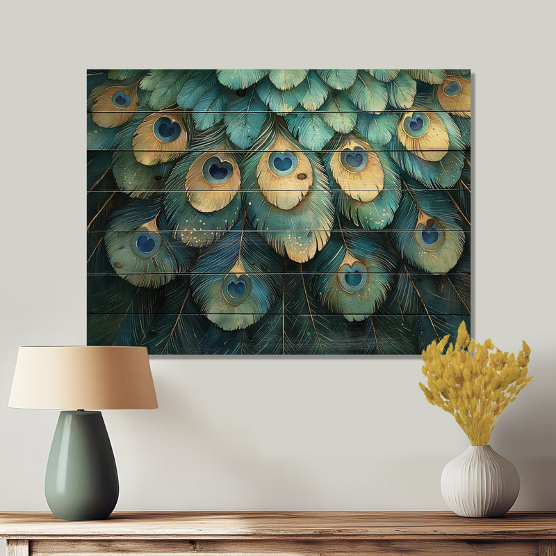 Blue And Green Peacock Feather Collage II - Bird Wood Wall Decor - On Natural Pine Wood, 10" H x 20" W x 0.78" D