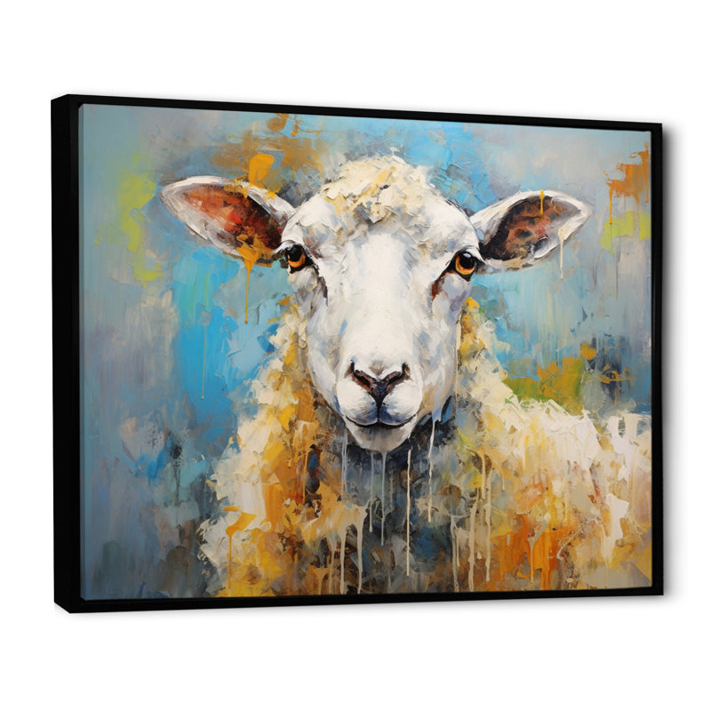 Encaustique bleu et mouton beige - imprimé, H 30 po x l 40 po, Cadre flottant noir