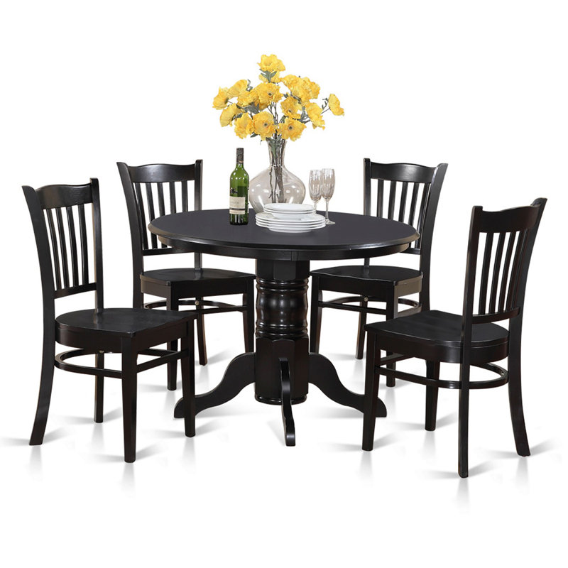 5 Piece Dinette Set for 4 Includes a Round Kitchen Table with Pedestal and 4 Dining Chairs, Black, Black