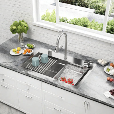 33" Drop-In Stepped Workstation Kitchen Sink with Waterfall Faucet and Cup Rinser, 16 Gauge T304 Stainless Steel Single Bowl, Brushed Nickel, with Pull-Out Sprayer, Cutting Board, Colander, Drying Rack, Fits 36" Cabinet