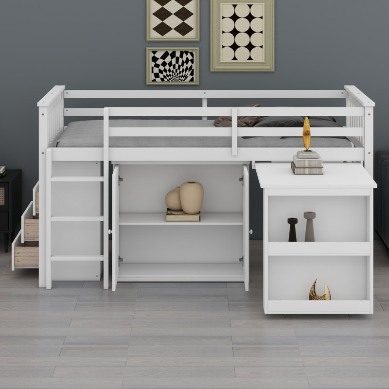 Lit mezzanine avec armoire de rangement, armoire à tiroirs et tablettes et bureau coulissant, barrière de sécurité, Blanc