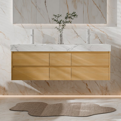60" Wall-Mounted Double Sink Bathroom Vanity with Marble Countertop,Ceramic Basins, Solid Maple Wood Cabinet&LED Night Light