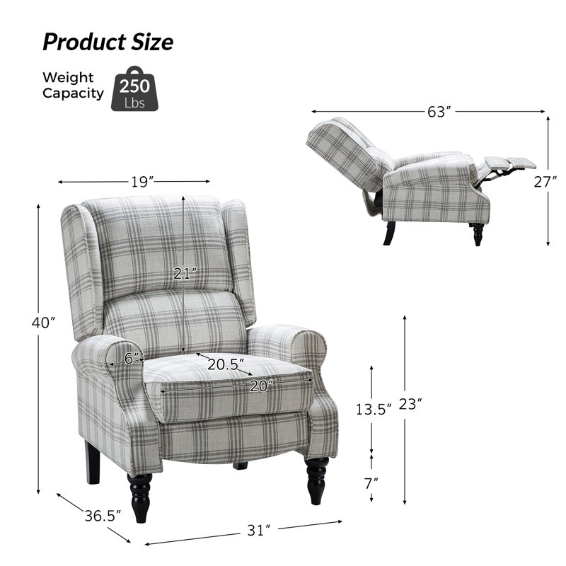 Plaid Gray Wingback Recliner with Manufactured Wood Frame