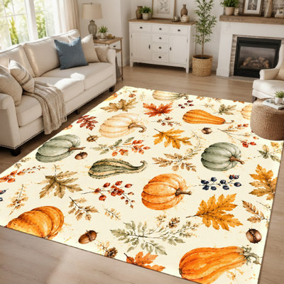 1Pcs Autumn Fall Harvest Pumpkins Leaves Pattern Design - Washable and Easy to Clean, Large Thin Rug, Non-Slip Backing, Suitable for Living Room, Bedroom, Kitchen, Office Indoor Use for home detor