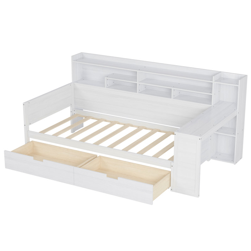 Wooden Twin Size Daybed With Storage Shelves, Multi-Functional Bed With Two Storage Drawers And  Study Desk, Twin, White