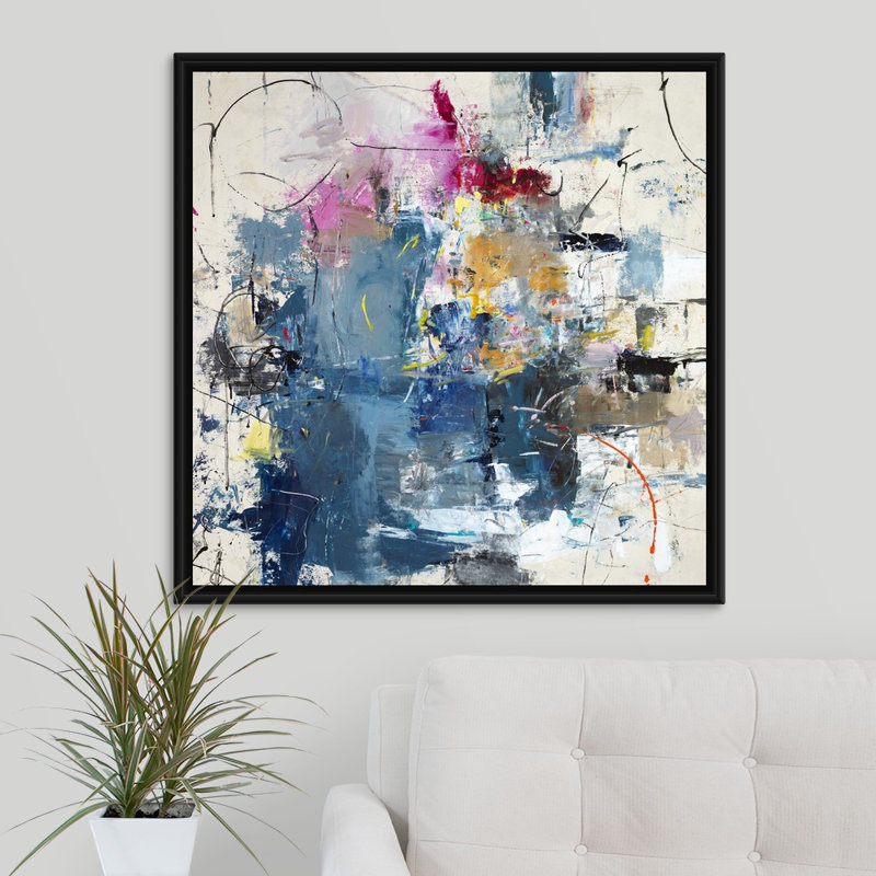 « justified play time », peinture sur toile, H 31,7 po x l 31,7 po x P 1,75 po, Cadre flottant noir