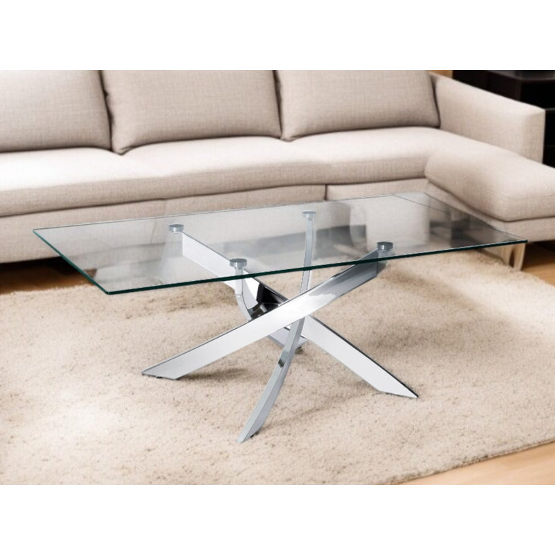 Table basse 47 "en verre transparent et argenté et pieds en acier