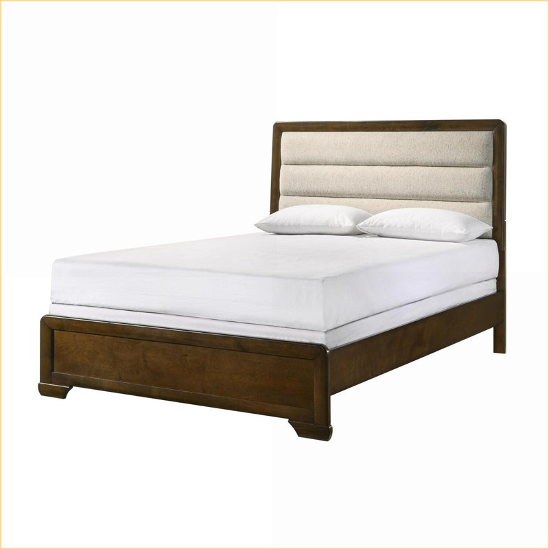 Grand lit à panneau en bois massif - Tête de lit tapissier beige à finition brune Chambre à coucher principale contemporaine
