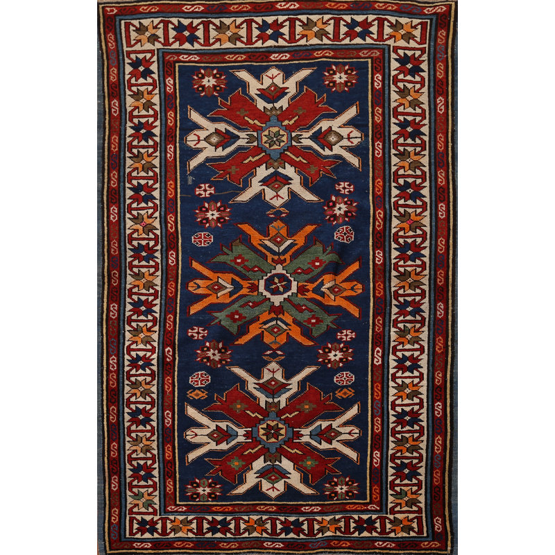 Tapis bleu marine à motif géométrique Kazak