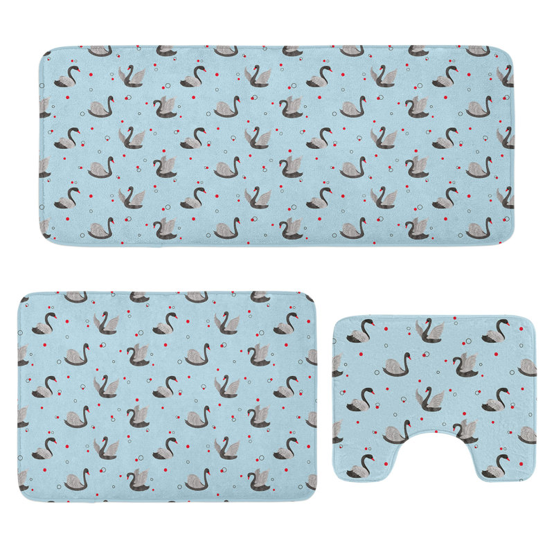  Swan Bathroom Rug Set 3 Pieces U-Shape & Rectangle Mats Grey Pale Blue Red