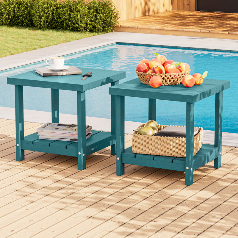 Table d'appoint extérieure en PEHD avec tablette de rangement à 2 niveaux, table de patio rectangulaire Adirondack résistante aux intempéries pour piscine, porche