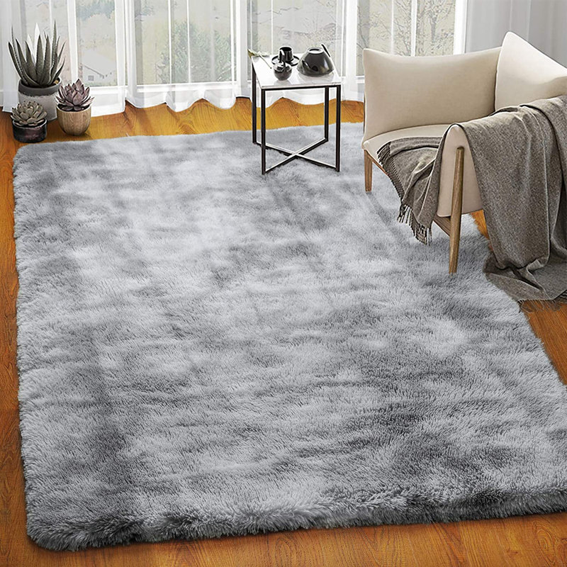 Tapis rayé à poils longs gris, Rectangle 7 pi 6 po x 10 pi