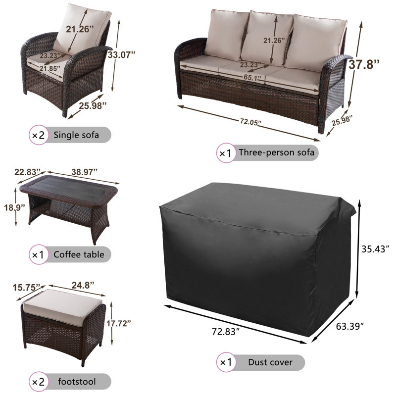 6 Pieces Outdoor Wicker Patio Conversation Set with Reclining Chairs, Ottomans & Furniture Cover, Brown